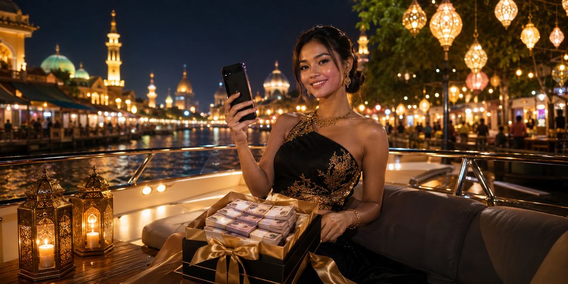 Pengguna mengakses kasino mobile di suasana malam yang meriah